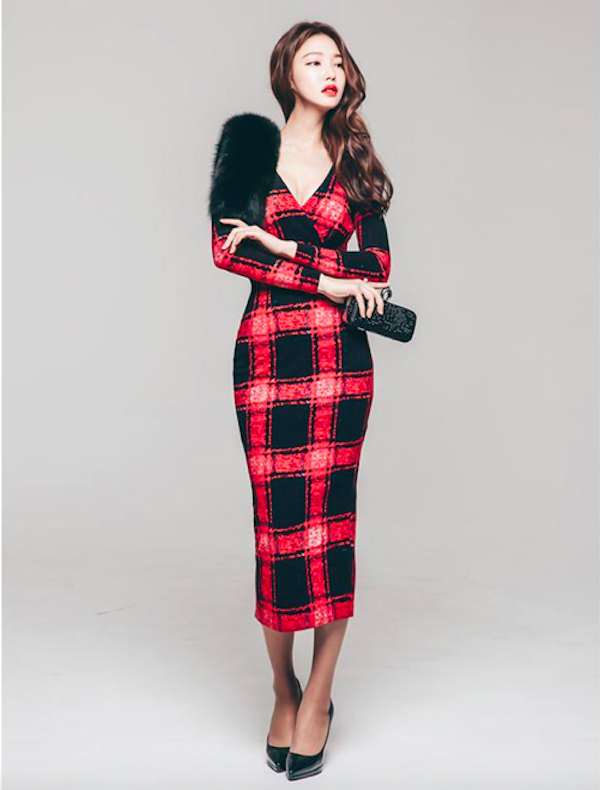 BM70989 Stylish Checker Dress Red