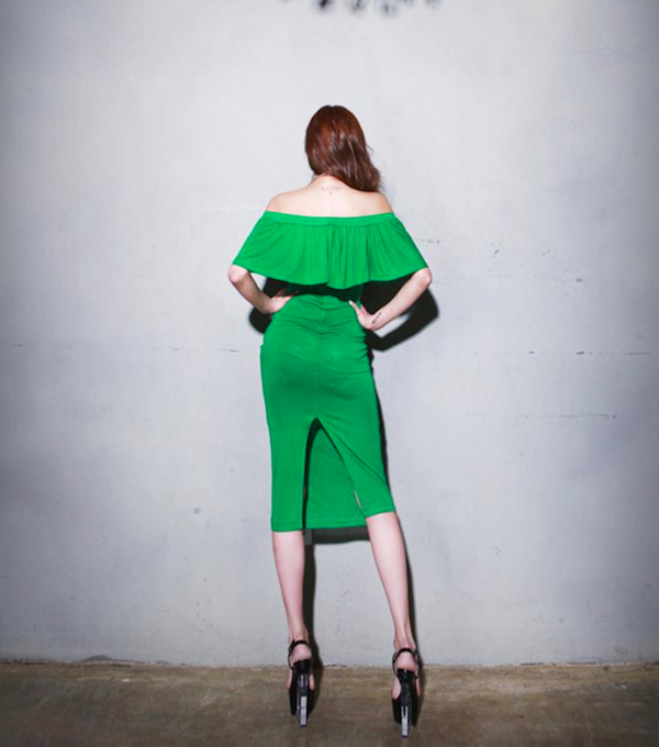 BM70996 Trendy Off-Shoulder Dress Green