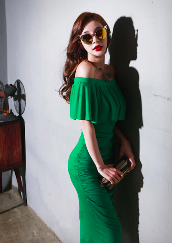 BM70996 Trendy Off-Shoulder Dress Green