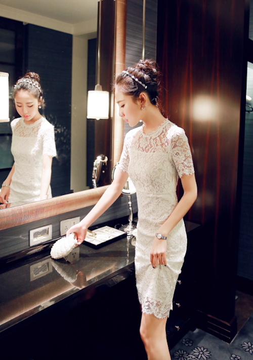 BM71031 Vintage Lace Ribbon Back Dres White