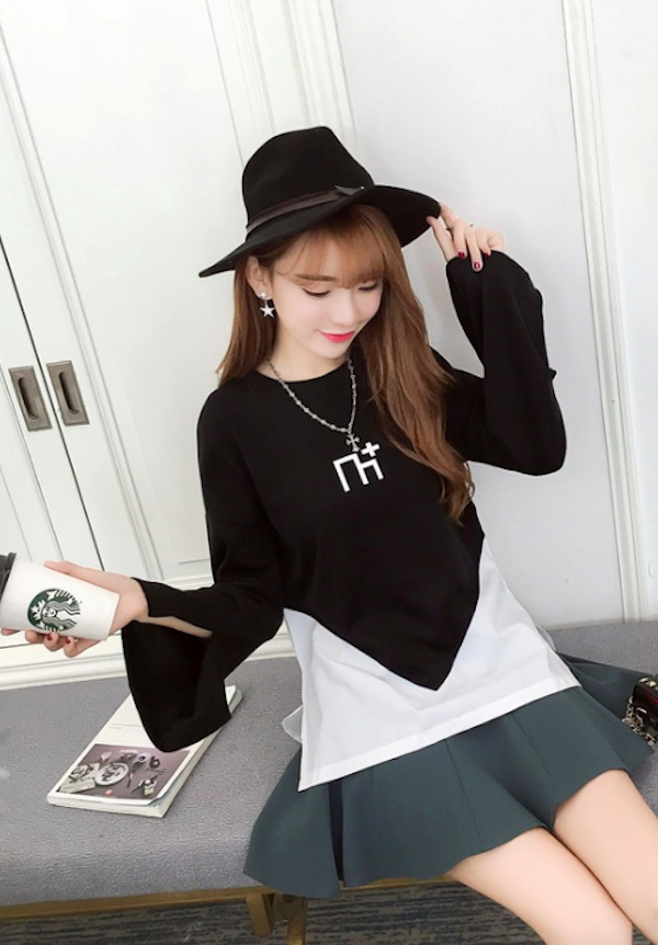 BM71035 Korea Style Flare Sleeves Top Black