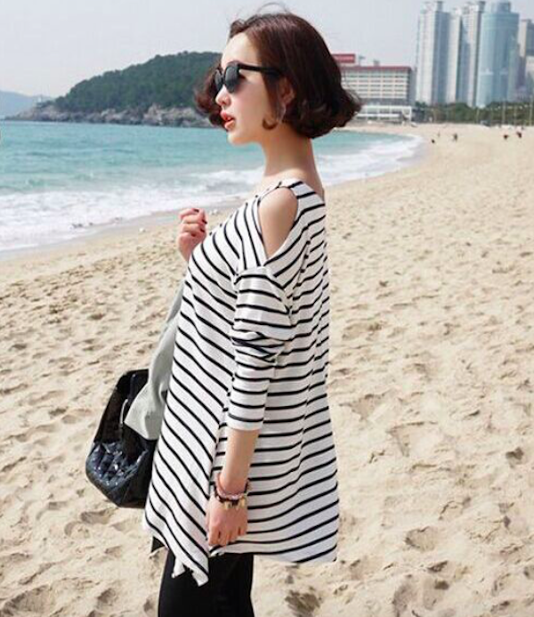 BM71038 Stylish Cut Out Sleeves Top Stripe