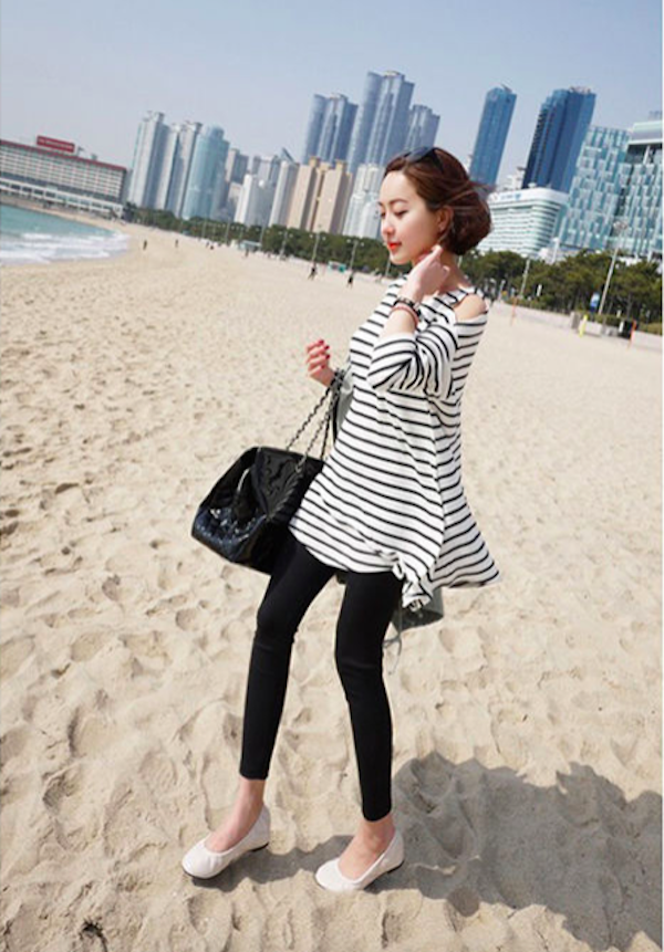BM71038 Stylish Cut Out Sleeves Top Stripe