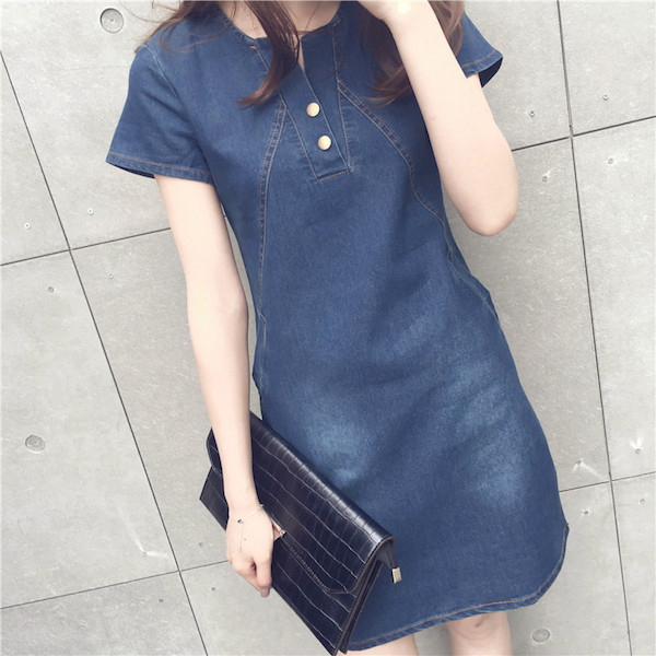 SWK91042 Fashion Denim Dress Dark Blue