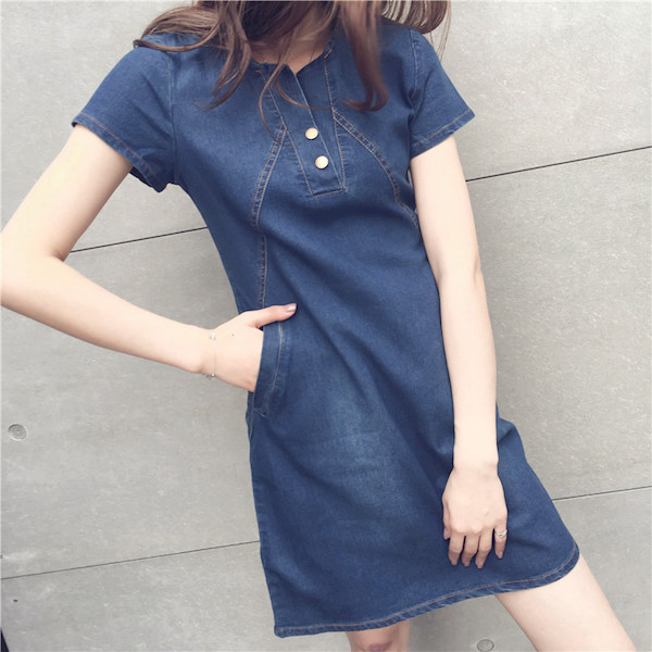 SWK91042 Fashion Denim Dress Dark Blue