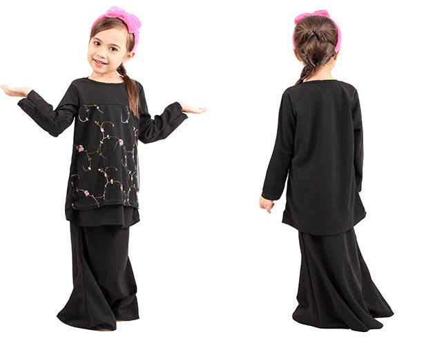 QA-419 Kids Modern Lace Baju Kurung Black
