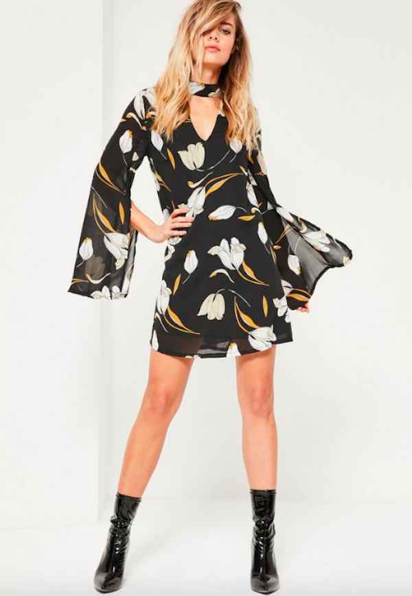 BM71070 Choker Neck Chiffon Dress Black