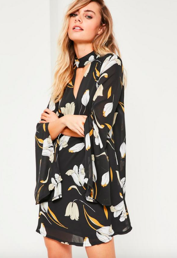 BM71070 Choker Neck Chiffon Dress Black