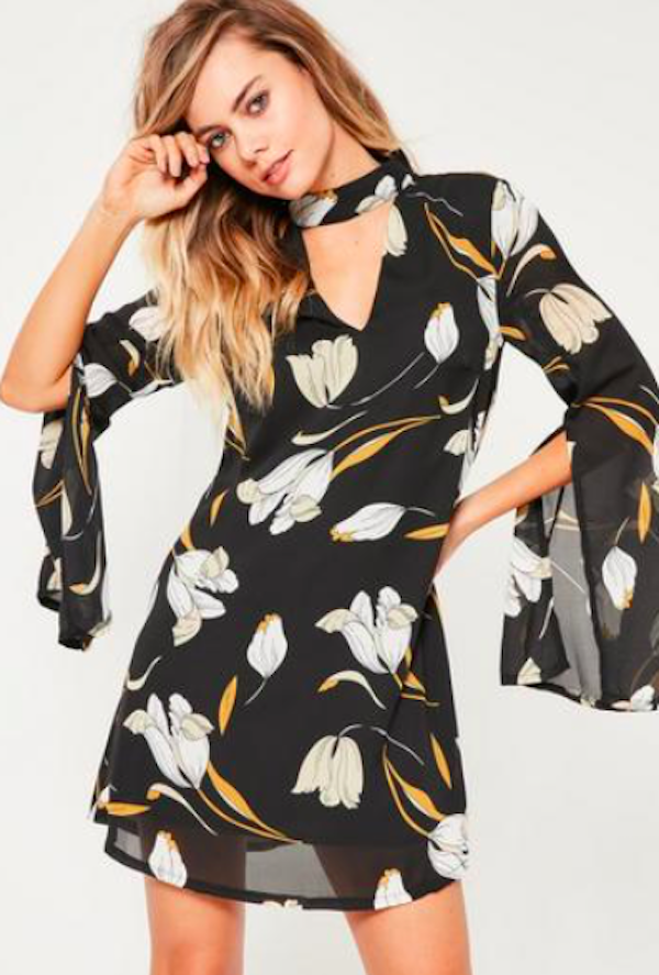 BM71070 Choker Neck Chiffon Dress Black