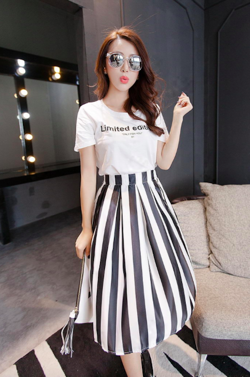 BM71074 Top and Stripe Skirt Set As Picture