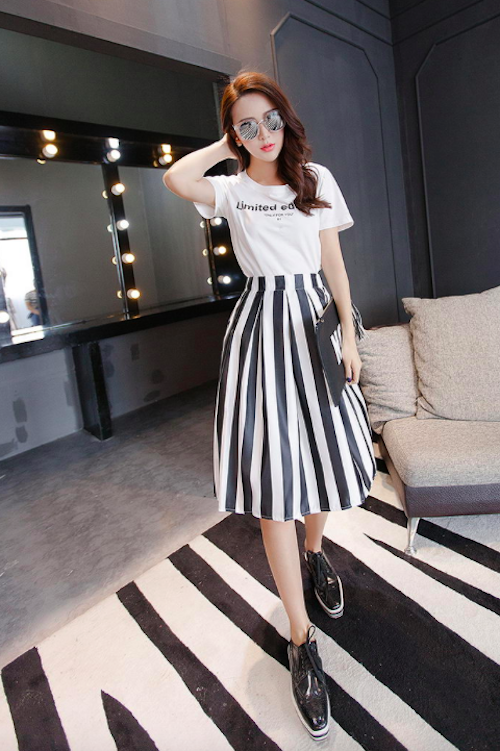 BM71074 Top and Stripe Skirt Set As Picture