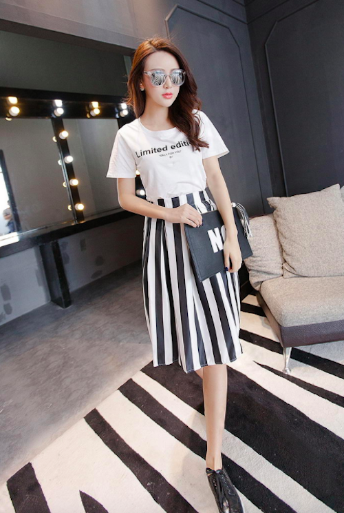 BM71074 Top and Stripe Skirt Set As Picture