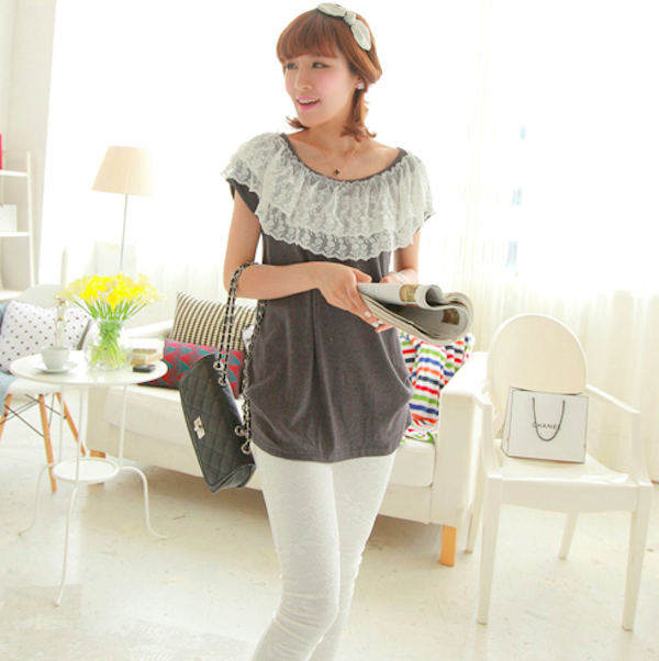 BM71087 Lace Trim Neckline Top Grey