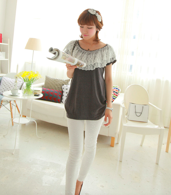 BM71087 Lace Trim Neckline Top Grey