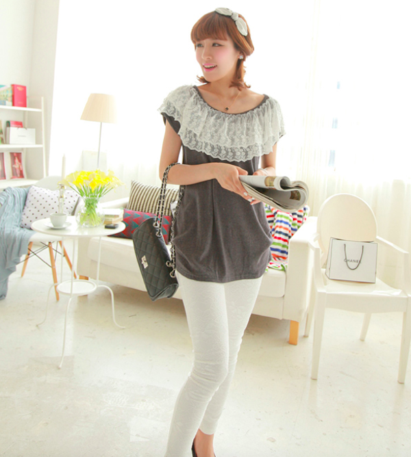 BM71087 Lace Trim Neckline Top Grey