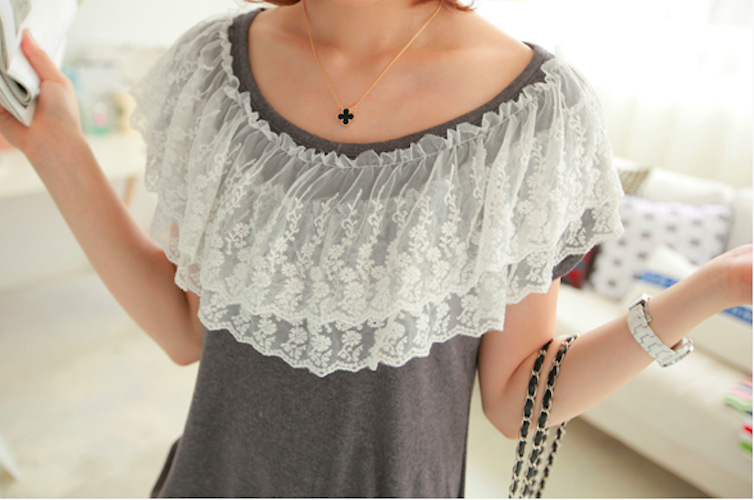 BM71087 Lace Trim Neckline Top Grey