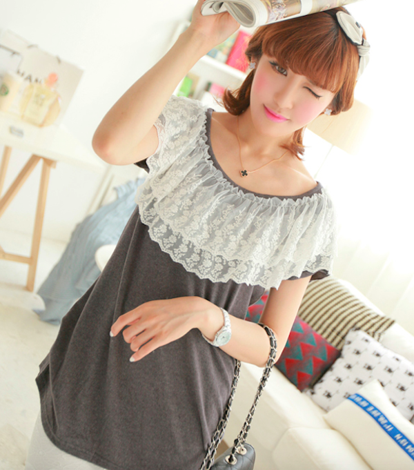 BM71087 Lace Trim Neckline Top Grey