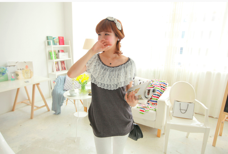 BM71087 Lace Trim Neckline Top Grey