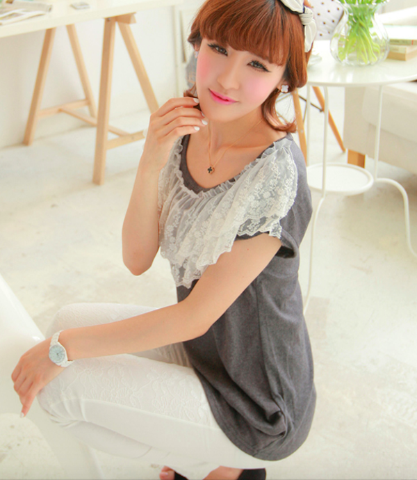 BM71087 Lace Trim Neckline Top Grey