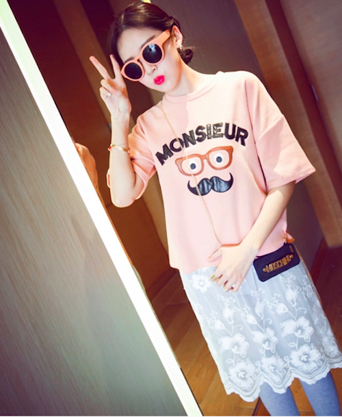 BM71088 Cute Moustache Print T-Shirt Pink