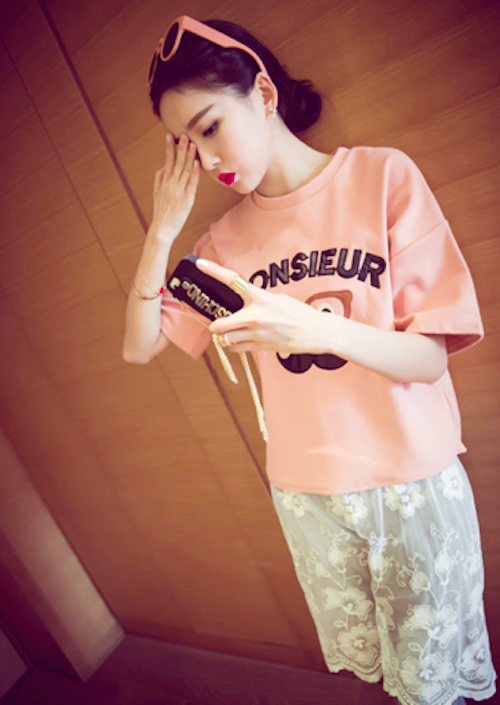 BM71088 Cute Moustache Print T-Shirt Pink