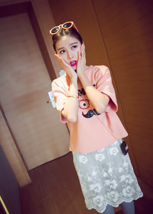 BM71088 Cute Moustache Print T-Shirt Pink