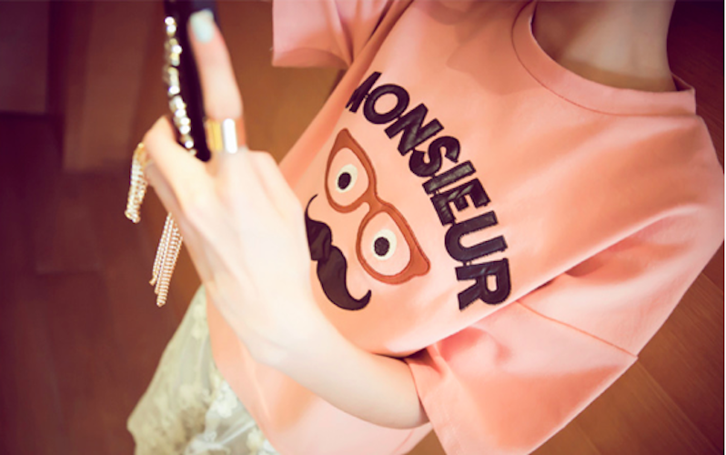 BM71088 Cute Moustache Print T-Shirt Pink