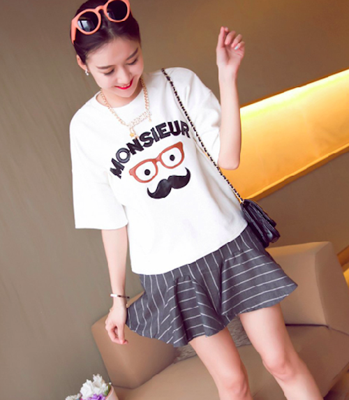 BM71088 Cute Moustache Print T-Shirt White