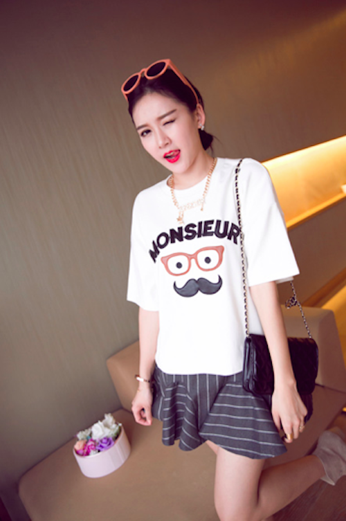 BM71088 Cute Moustache Print T-Shirt White