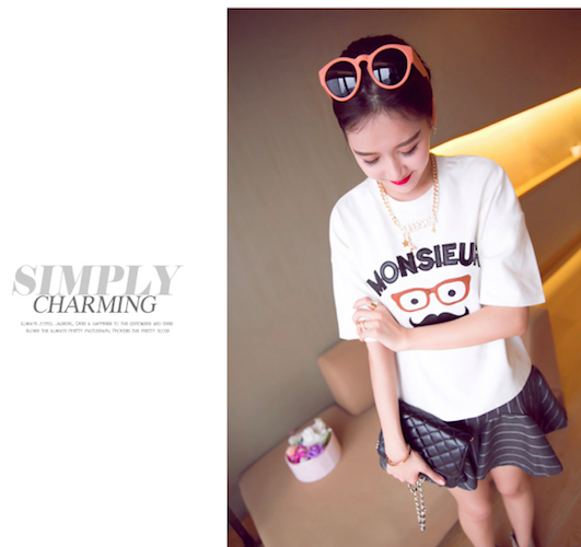 BM71088 Cute Moustache Print T-Shirt White