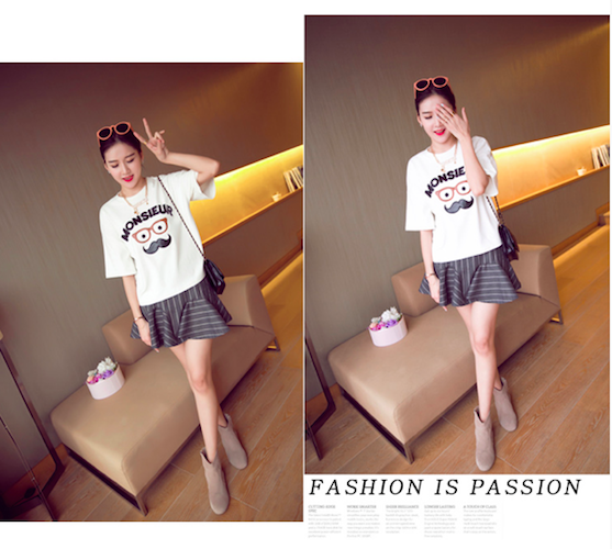 BM71088 Cute Moustache Print T-Shirt White