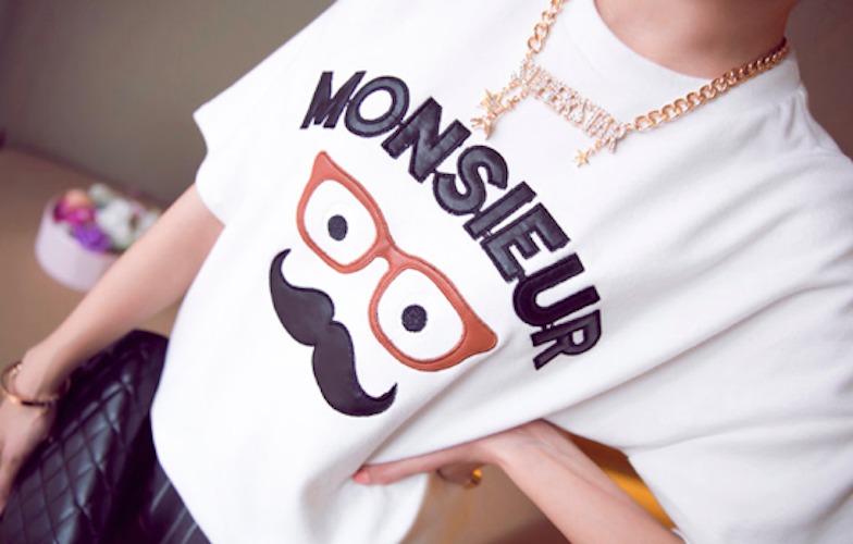 BM71088 Cute Moustache Print T-Shirt White