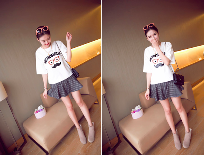 BM71088 Cute Moustache Print T-Shirt White