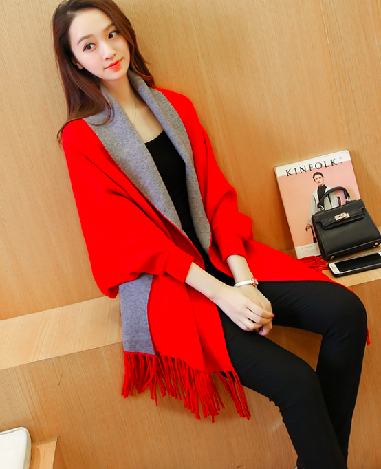 WJ7634 Tassel Shawl Design Cardigan Red