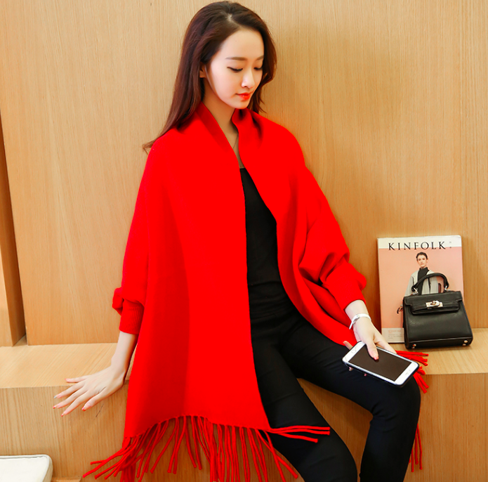 WJ7634 Tassel Shawl Design Cardigan Red
