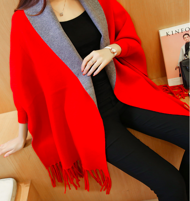 WJ7634 Tassel Shawl Design Cardigan Red