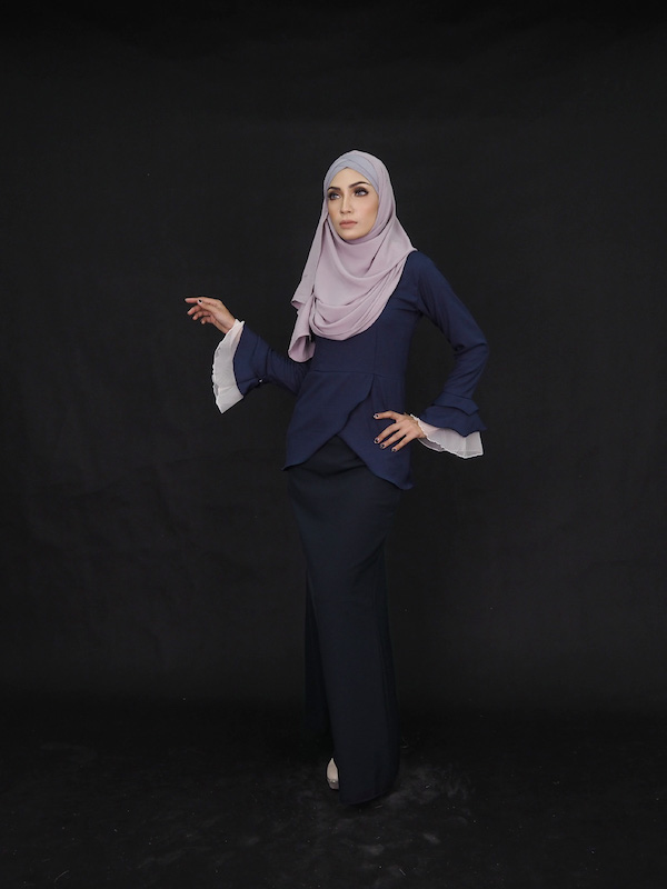 WH7635 Ruffle Sleeves Baju Kurung Dark Blue
