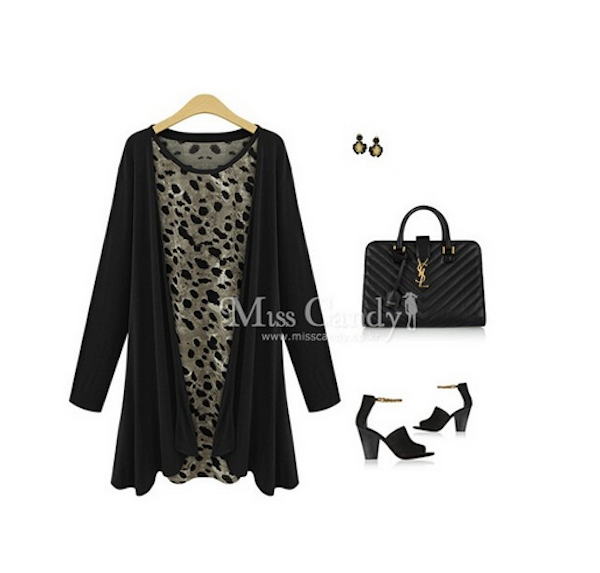 WD21560 Leopard Print Two Pieces Dress Black