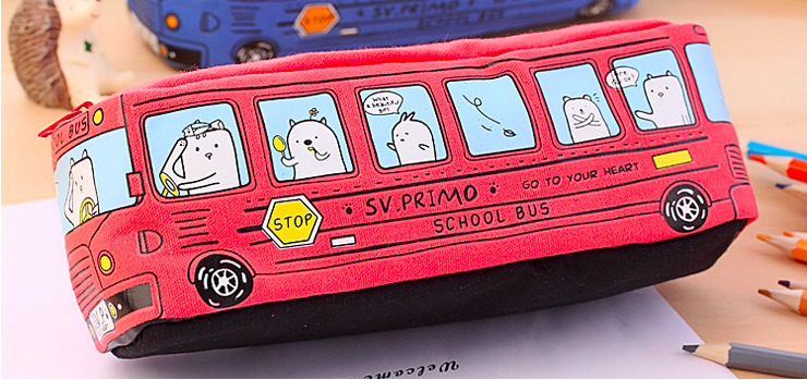ST-502 Cute Bus Canvas Pencil Case Red