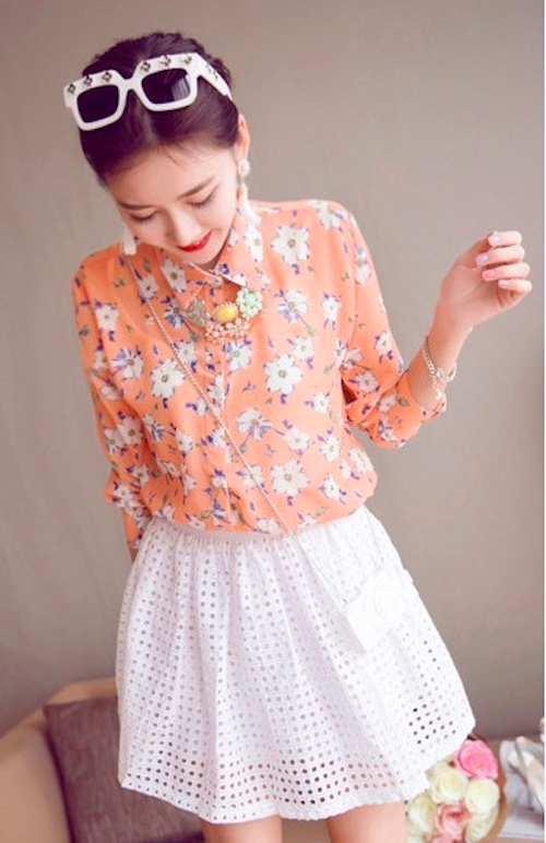 BM71121 Flower Print Collar Shirt Orange