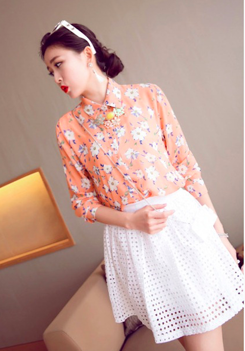 BM71121 Flower Print Collar Shirt Orange