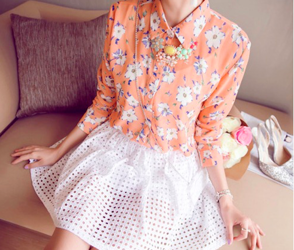 BM71121 Flower Print Collar Shirt Orange