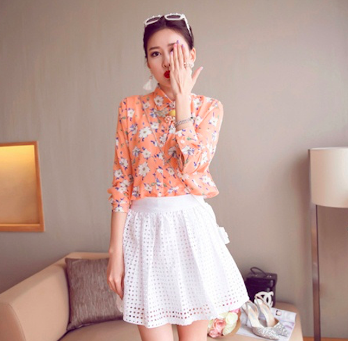 BM71121 Flower Print Collar Shirt Orange