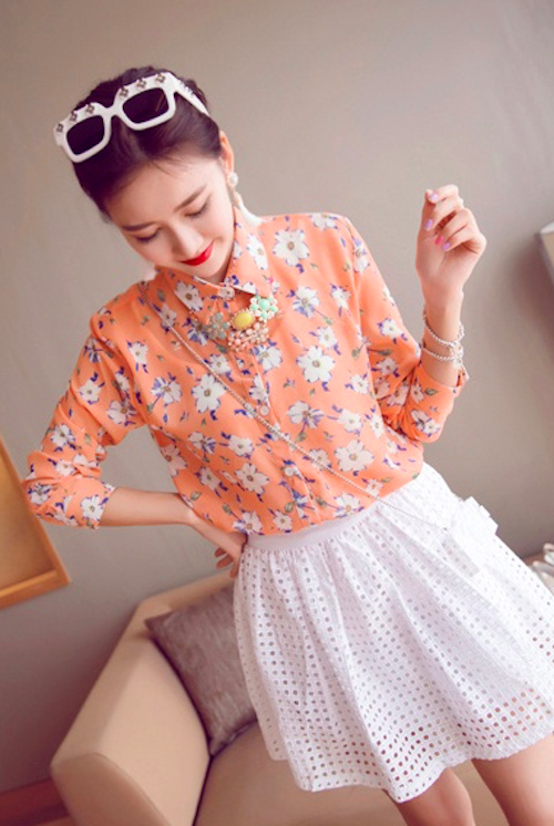 BM71121 Flower Print Collar Shirt Orange