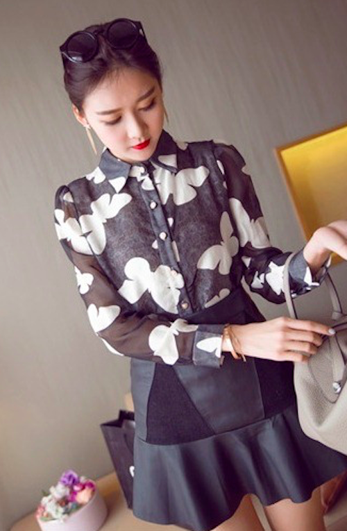 BM71122 Butterfly Print Collar Shirt Black