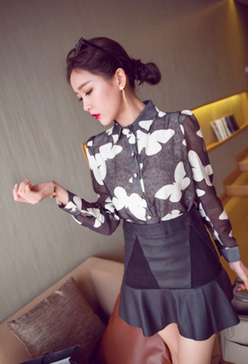 BM71122 Butterfly Print Collar Shirt Black