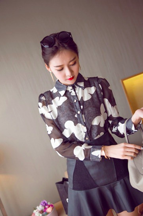 BM71122 Butterfly Print Collar Shirt Black