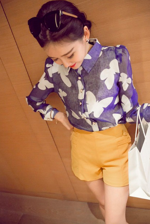 BM71122 Butterfly Print Collar Shirt Blue