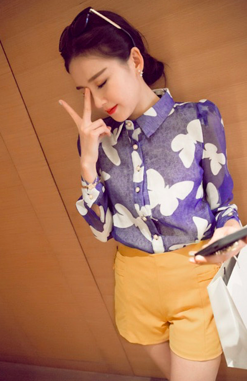 BM71122 Butterfly Print Collar Shirt Blue