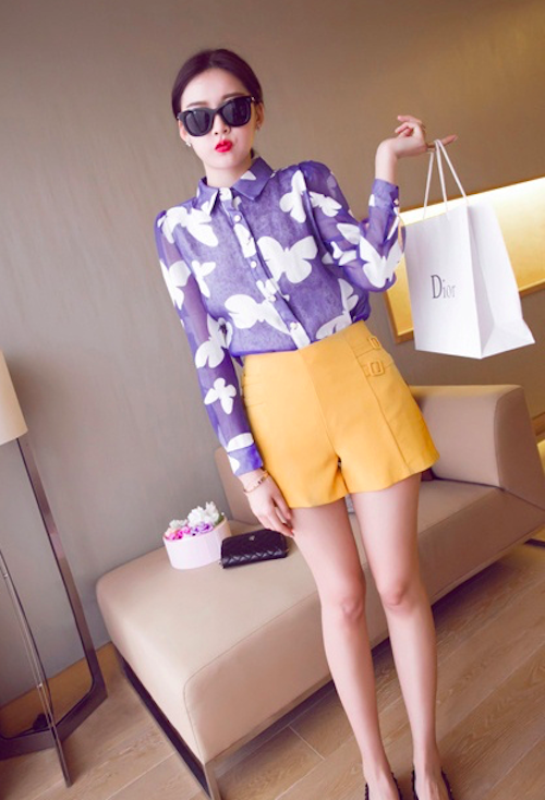 BM71122 Butterfly Print Collar Shirt Blue